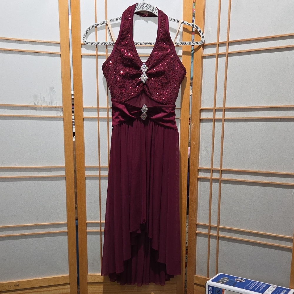 Weissman Burgundy Sequin Halter Dress